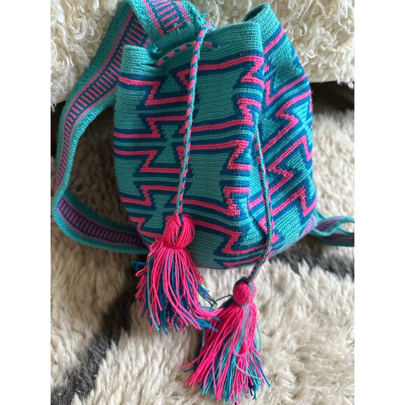 Authentic 100% Wayuu Mochila Colombian Bag cotton candy bohemian blue pink neon - Picture 3 of 16